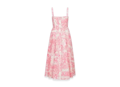 Dior Women's Dioriviera Flared Mid-Length Dress Cotton Silk Poplin with Toile de Jouy Sauvage Motif "White/Candy Pink"