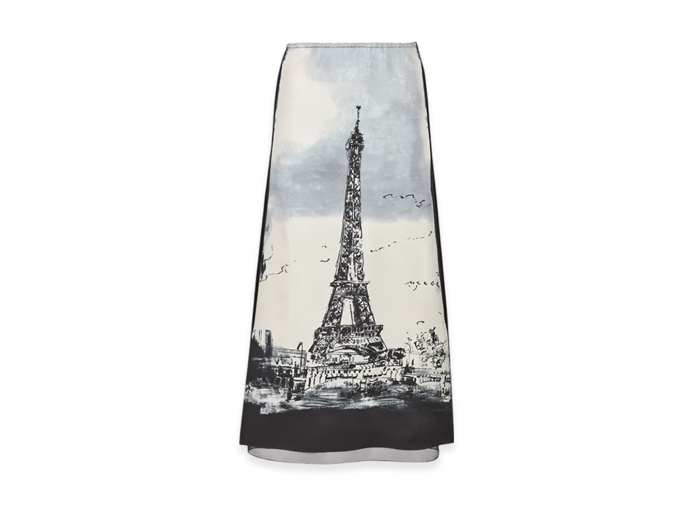 Dior Women's Silk Twill with Paris Motif Flared Mid Length Skirt "White/Black"