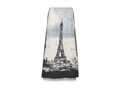 Dior Women's Silk Twill with Paris Motif Flared Mid Length Skirt "White/Black"