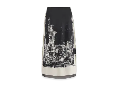 Dior Women's Silk Twill with New York Motif Flared Mid Length Skirt "Black/White"