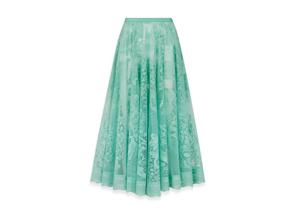 Dior Women's Technical Cotton Lace Dioriviera Flared Mid Length Skirt "Aquamarina"