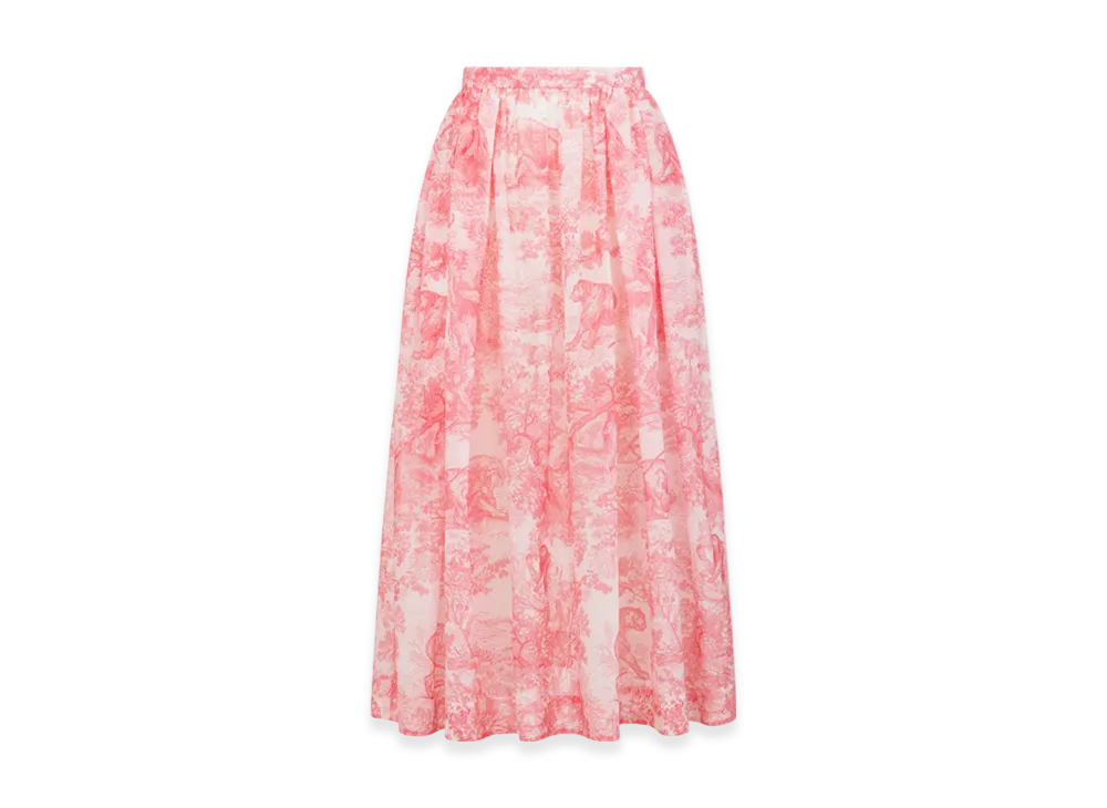 Dior Women's Cotton Muslin with Toile De Jouy Sauvage Motif Dioriviera Flared Mid Length Skirt "White/Candy Pink"