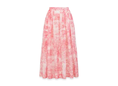 Dior Women's Cotton Muslin with Toile De Jouy Sauvage Motif Dioriviera Flared Mid Length Skirt "White/Candy Pink"