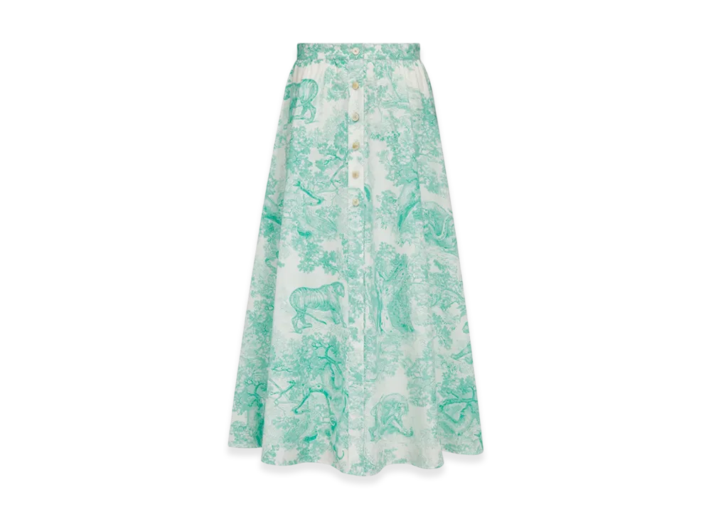 Dior Women's Cotton and Silk Poplin with Toile De Jouy Sauvage Motif Dioriviera Flared Mid Length Skirt "White/Aquamarina"