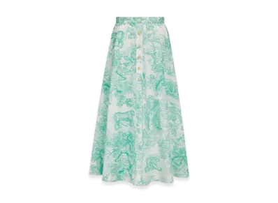 Dior Women's Cotton and Silk Poplin with Toile De Jouy Sauvage Motif Dioriviera Flared Mid Length Skirt "White/Aquamarina"
