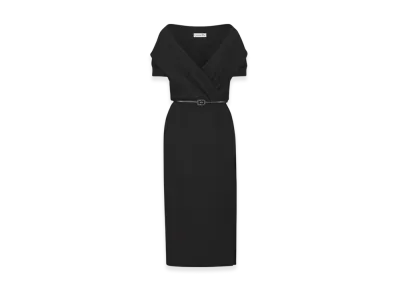 Dior Women's Wool Crepe Wraparound Mid Length Dress "Black"
