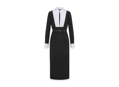 Dior Women's Wool Crepe Mid Length Plastron Dress "Black/White"