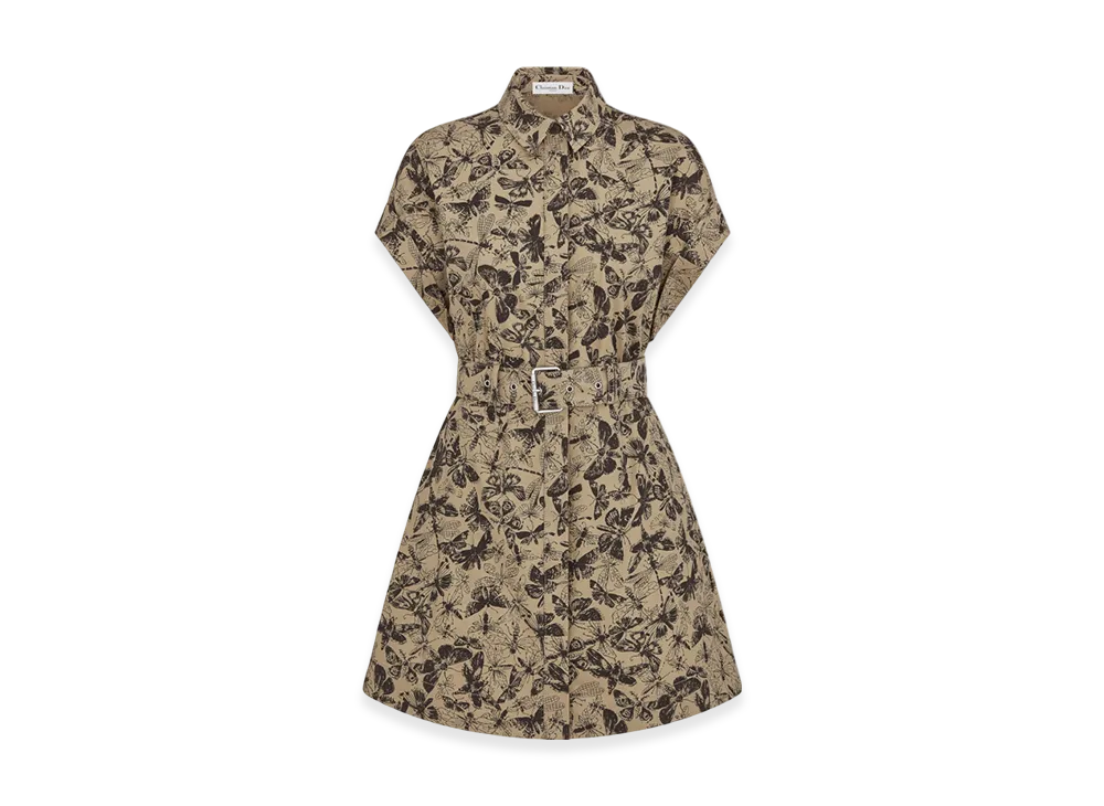 Dior Women's Cotton Gabardine with Libellule Camouflage Motif Short Shirt Dress "Beige/Black"