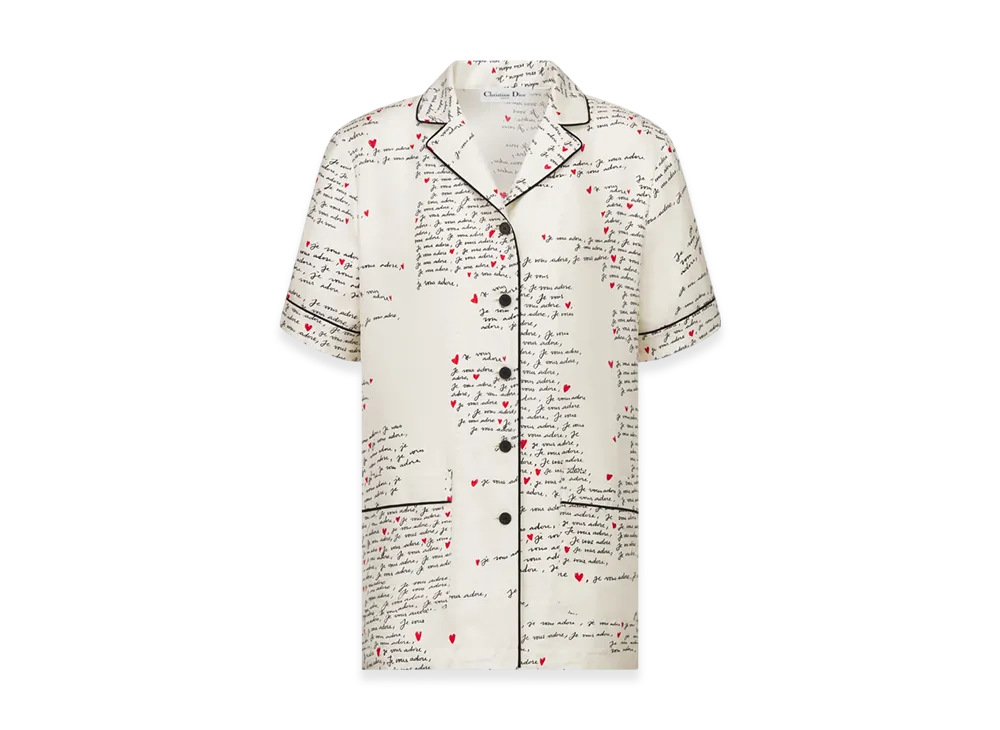 Dior Women's Silk Twill with Je Vous Adore Motif Dioramour S/S Shirt "White/Black/Red"