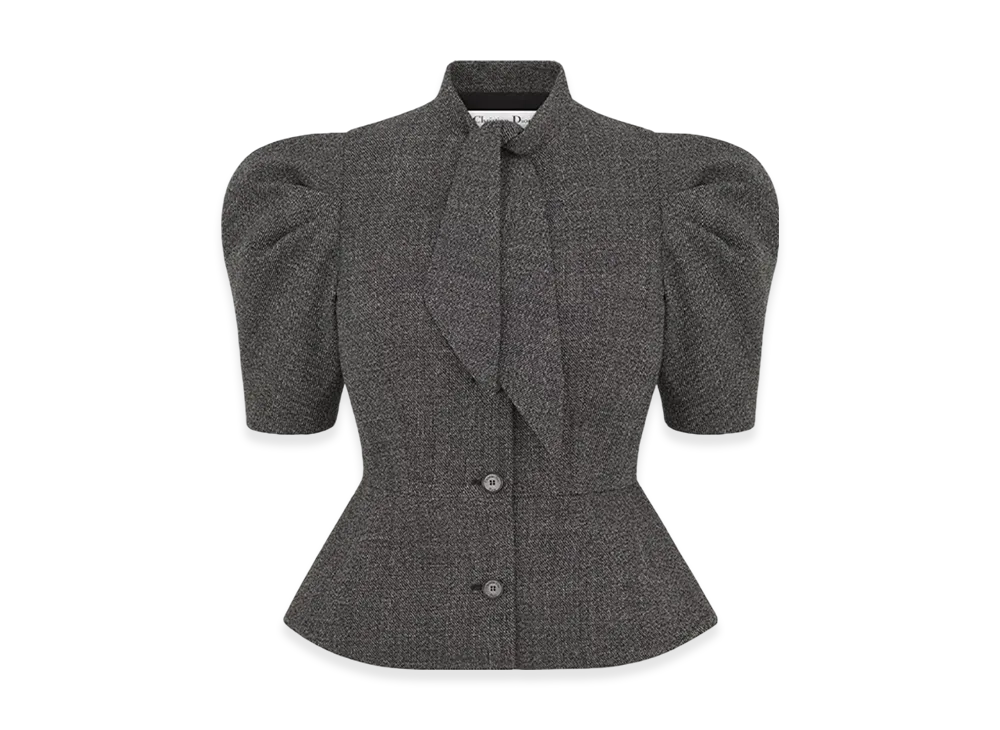 Dior Women's Virgin Wool Tweed Fitted Jacket with Tied Neckline "Gray"