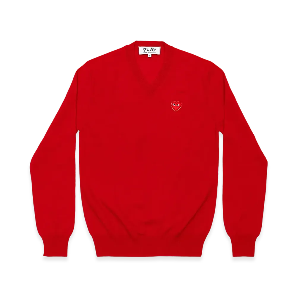 PLAY COMME des GARCONS Unisex V-Neck Sweater with Emblem x Rhinestone "Red"