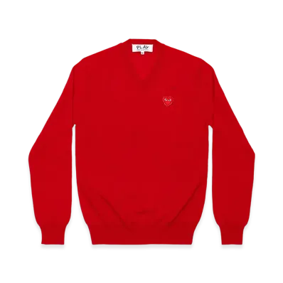 PLAY COMME des GARCONS Unisex V-Neck Sweater with Emblem x Rhinestone "Red"