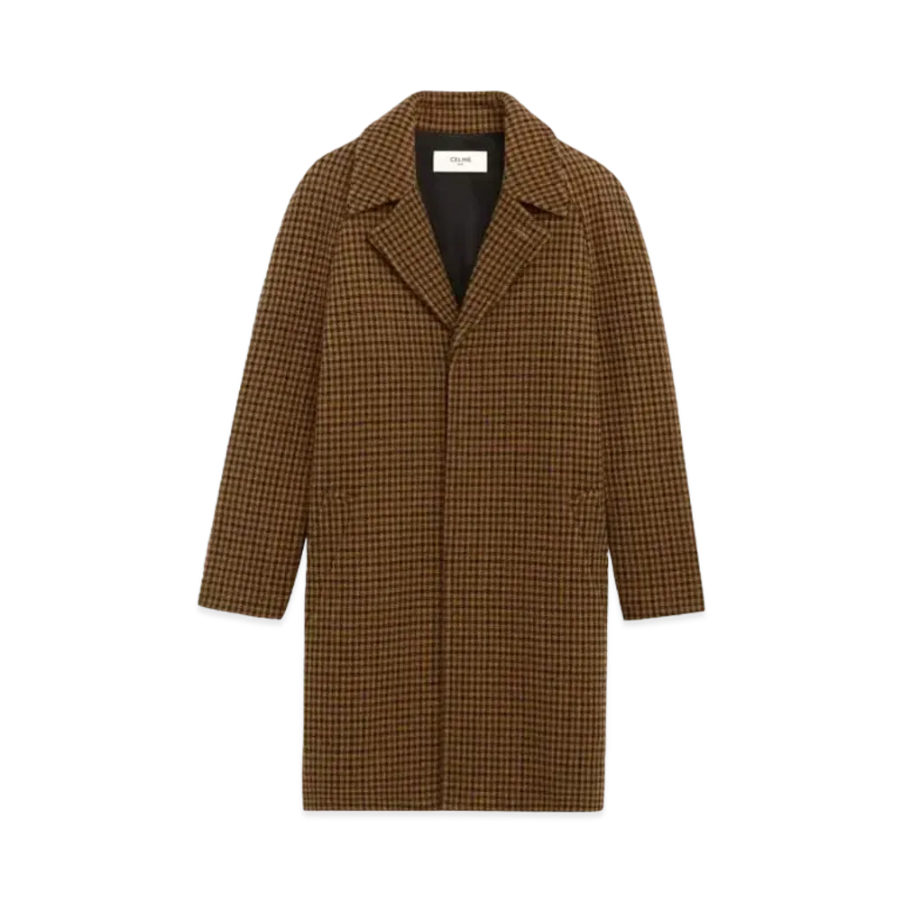 CELINE Mac Coat With 3 Buttons / Houndstooth Wool "Dark Brown/Camel"