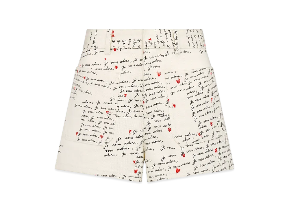 Dior Women's Cotton Denim with Embroidered Je Vous Adore Motif Dioramour Shorts "White/Black/Red"