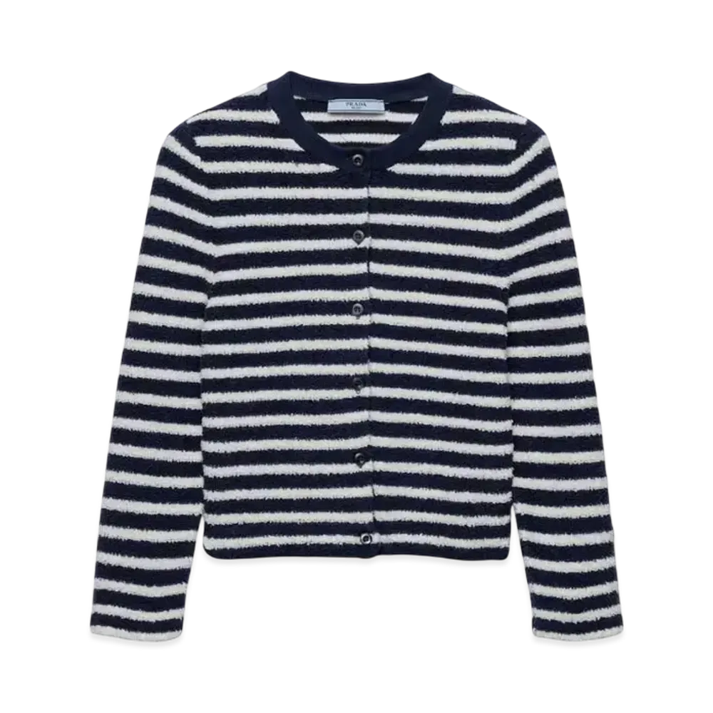 PRADA Women's Cotton Boucle Cardigan "Navy/Beige"