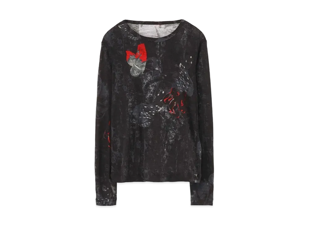 Yohji Yamamoto Y's IRON WIRE RED FLOWER PRINT ROUND NECK LONG SLEEVES "Black"