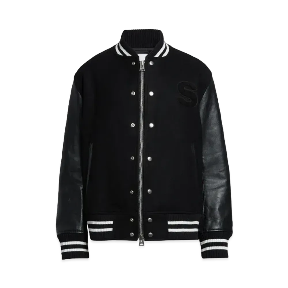 sacai x Mercedes AMG Logo Embroidered Wool & Leather Varsity Jacket "Black"