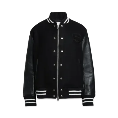 sacai x Mercedes AMG Logo Embroidered Wool & Leather Varsity Jacket "Black"