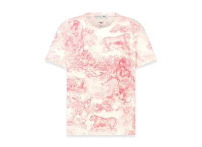 Dior Women's Cotton and Linen Jersey with Toile De Jouy Sauvage Motif Dioriviera T-Shirt "White/Candy Pink"