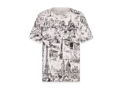 Dior Women's T-Shirt Paris Allover Motif Cotton Linen Jersey "White/Black"