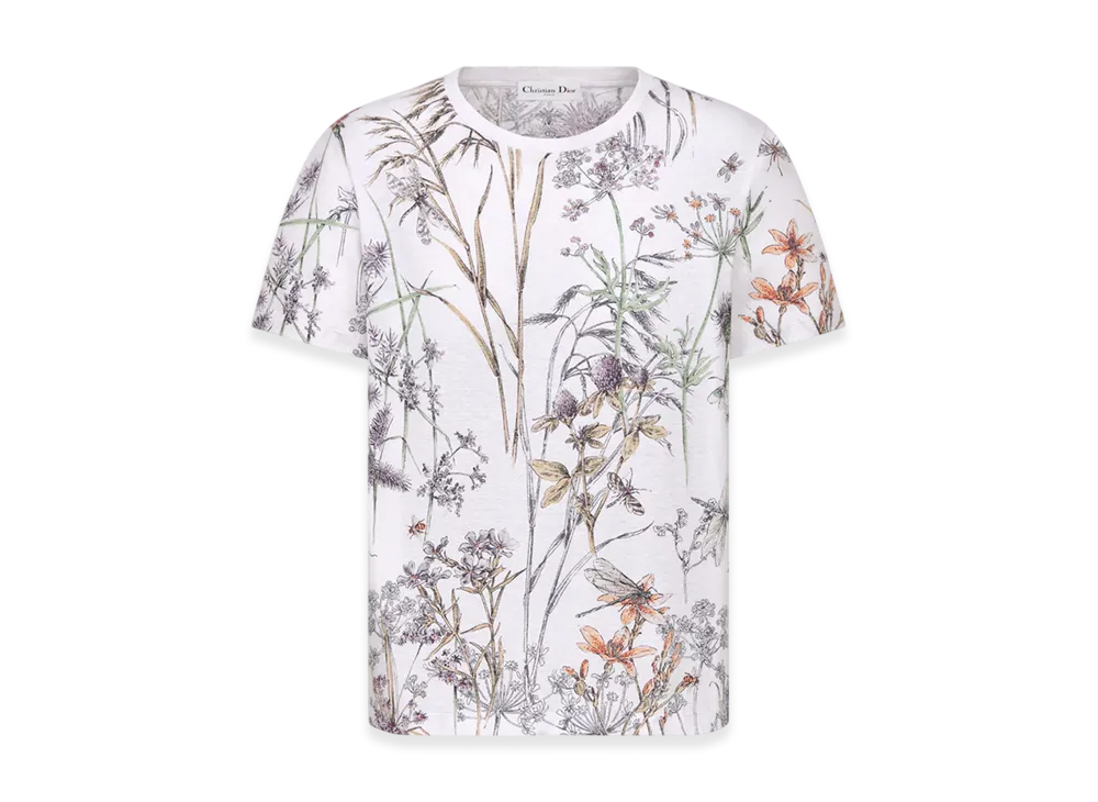 Dior Women's T-Shirt Cotton Linen Jersey with Dior Herbarium Motif "White/Multicolor"