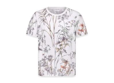Dior Women's T-Shirt Cotton Linen Jersey with Dior Herbarium Motif "White/Multicolor"