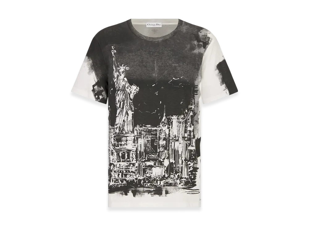 Dior Women's Cotton and Linen Jersey with New York Motif T-Shirt "Black/White"