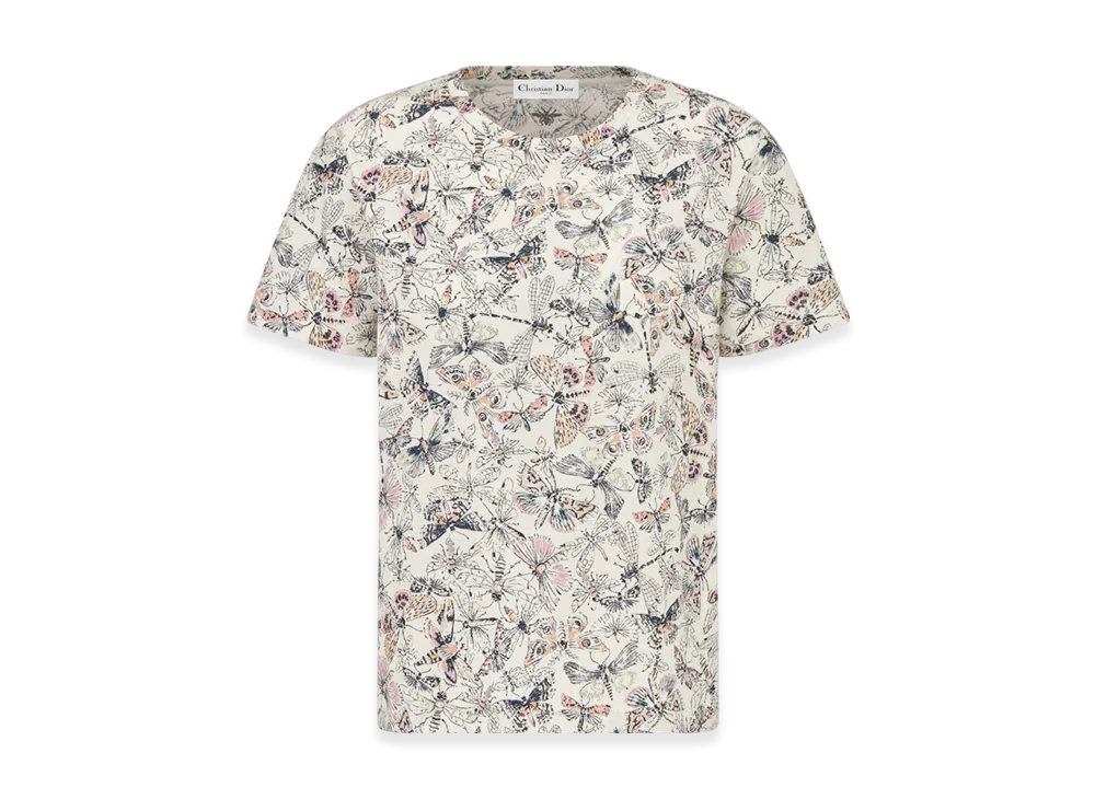 Dior Women's Cotton and Linen Jersey with Libellule Camouflage Motif T-Shirt "White"