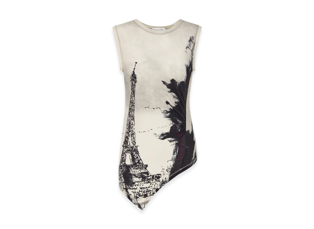 Dior Women's Cotton Jersey with Paris Motif Asymmetric Tank Top "Black/White"