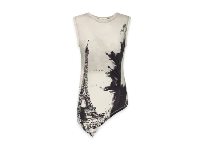 Dior Women's Cotton Jersey with Paris Motif Asymmetric Tank Top "Black/White"
