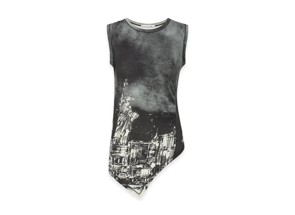 Dior Women's Cotton Jersey with New York Motif Asymmetric Tank Top "Black/White"