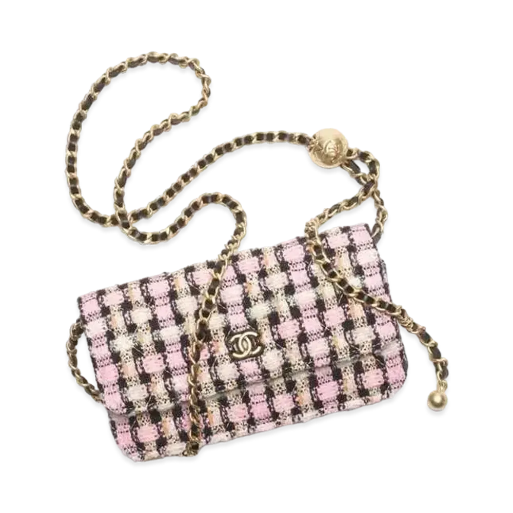 CHANEL Flap Phone Holder With Chain Wool Tweed & Gold Tone Metal "Multicolor"