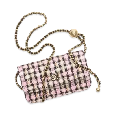 CHANEL Flap Phone Holder With Chain Wool Tweed & Gold Tone Metal "Multicolor"
