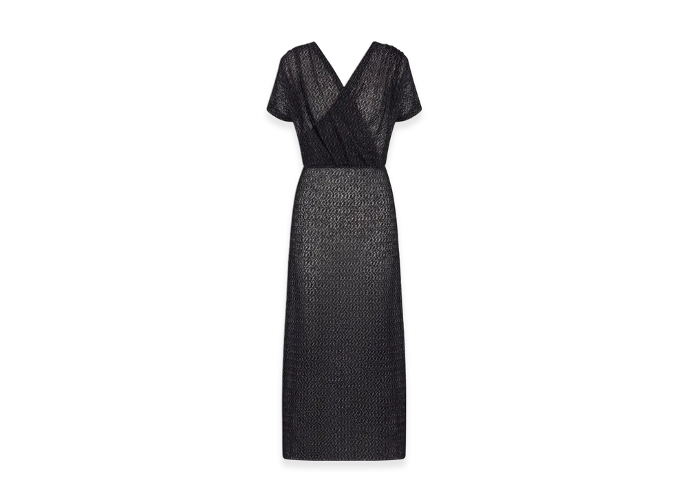Dior Women's Openwork Mohair Alpaca and Silk Blend Knit Wraparound Mid Length Dress "Black"