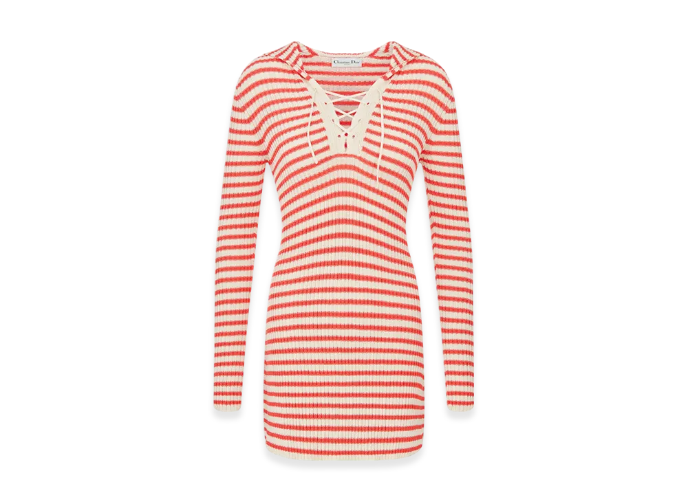 Dior Women's Cotton Ribbed Knit with Mariniere Motif Dioriviera Straight Dress "White/Coral"