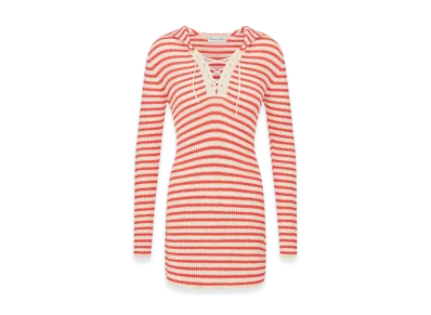 Dior Women's Cotton Ribbed Knit with Mariniere Motif Dioriviera Straight Dress "White/Coral"
