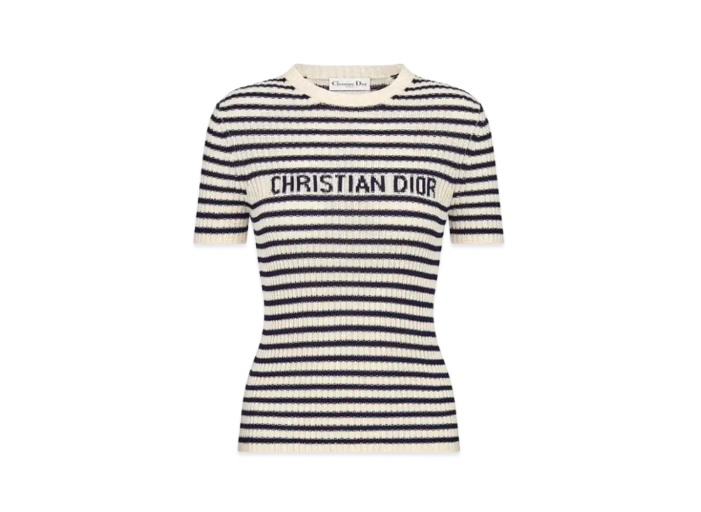 Dior Women's Dioriviera Short-Sleeved Sweater Cotton Ribbed Knit with Dior Mariniere Motif "White/Navy Blue"