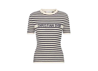 Dior Women's Dioriviera Short-Sleeved Sweater Cotton Ribbed Knit with Dior Mariniere Motif "White/Navy Blue"