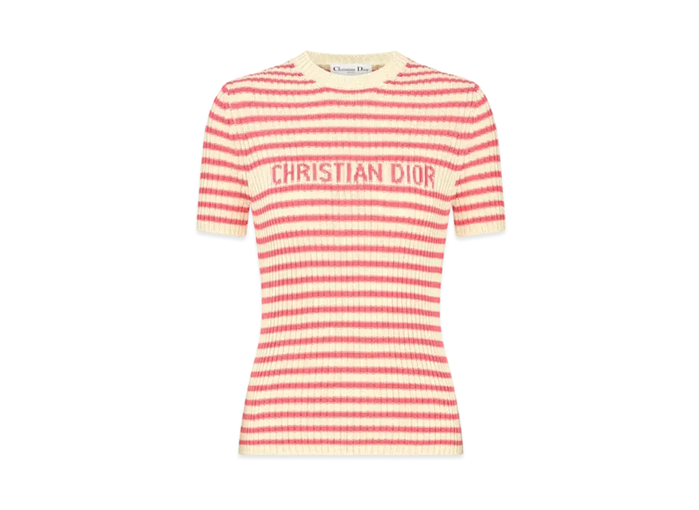 Dior Dioriviera Short-Sleeved Sweater Cotton Ribbed Knit with Dior Mariniere Motif "White/Candy Pink"