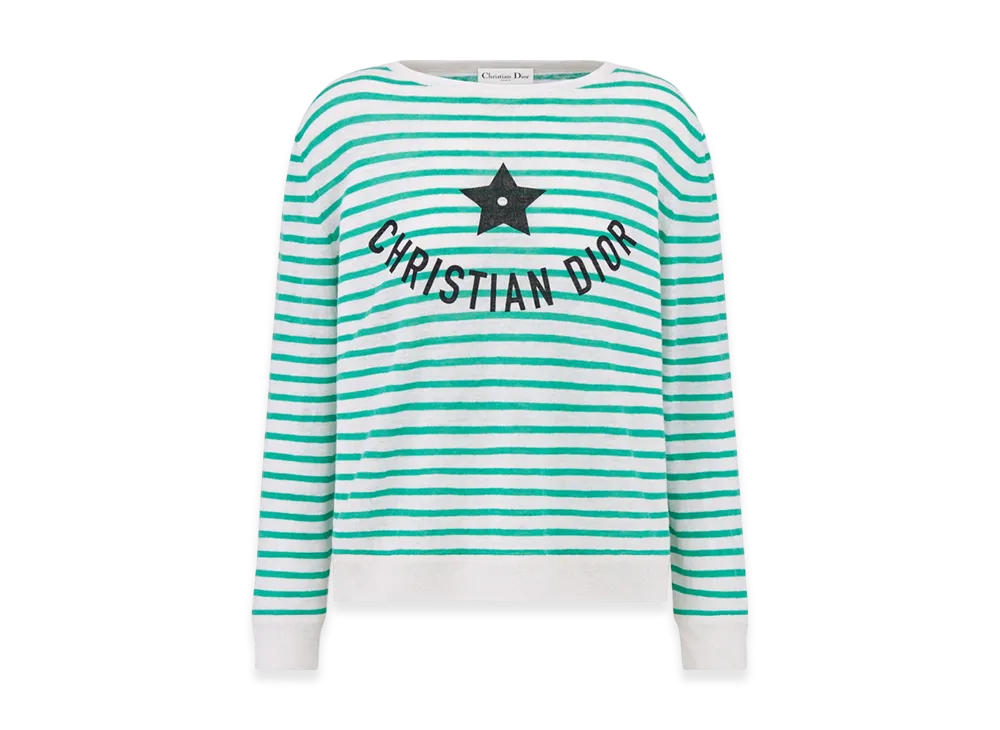 Dior Women's Linen Cashmere and Silk Knit with Dior Mariniere Motif Dioriviera Sweater "White/Aquamarina"