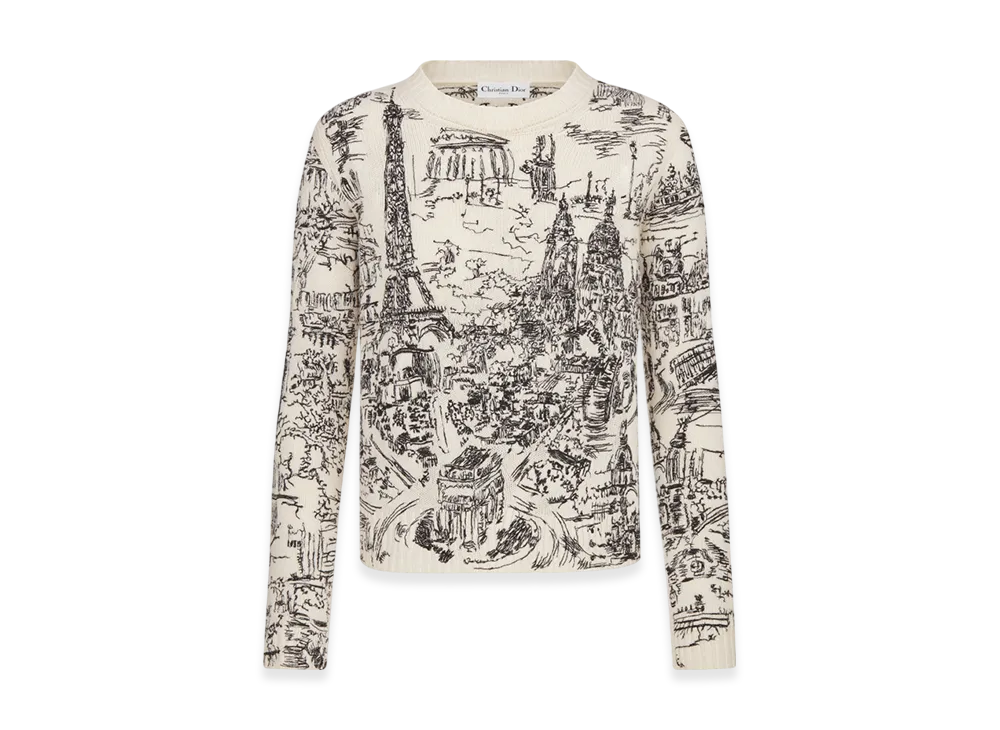 Dior Women's Cashmere Knit with Paris Allover Motif Embroidered Sweater "White/Black"
