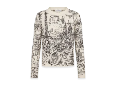 Dior Women's Cashmere Knit with Paris Allover Motif Embroidered Sweater "White/Black"