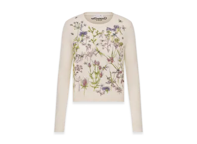 Dior Women's Embroidered Sweater Cashmere Knit with Dior Herbarium Motif "White/Multicolor"