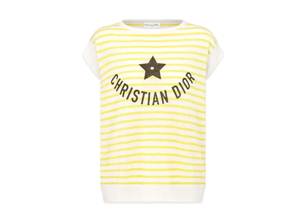 Dior Dioriviera Sleeveless Sweater Linen Cashmere and Silk Knit with Dior Mariniere Motif "White/Lemon Yellow"