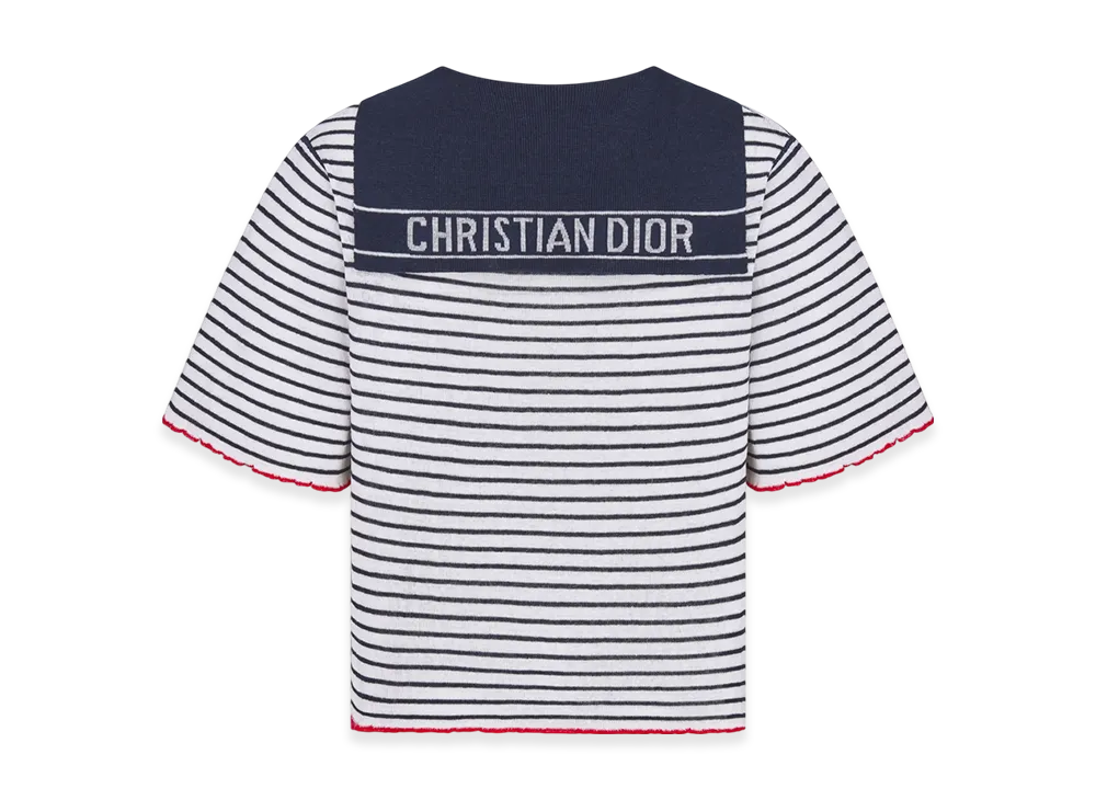 Dior Women's Linen Cashmere and Silk Ribbed Knit with Dior Mariniere Motif Dioriviera Sweater "White/Navy"