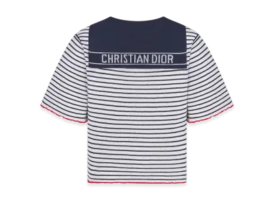 Dior Women's Linen Cashmere and Silk Ribbed Knit with Dior Mariniere Motif Dioriviera Sweater "White/Navy"
