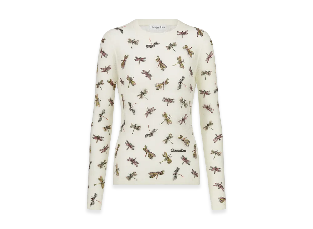 Dior Women's Mohair and Alpaca Blend Knit with Dragonfly Motif Embroidered Sweater "White"