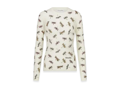 Dior Women's Mohair and Alpaca Blend Knit with Dragonfly Motif Embroidered Sweater "White"