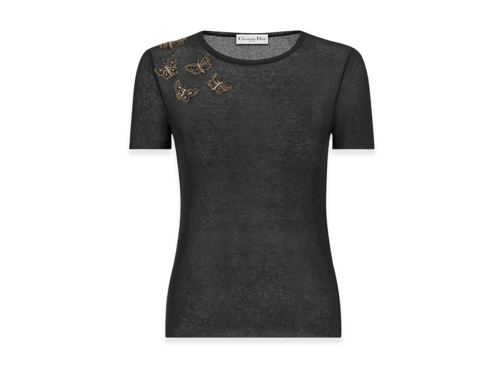 Dior Women's Cotton Blend Knit with Butterfly Motif S/S Embroidered Sweater "Black"