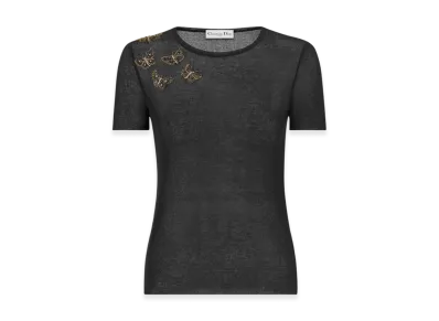 Dior Women's Cotton Blend Knit with Butterfly Motif S/S Embroidered Sweater "Black"